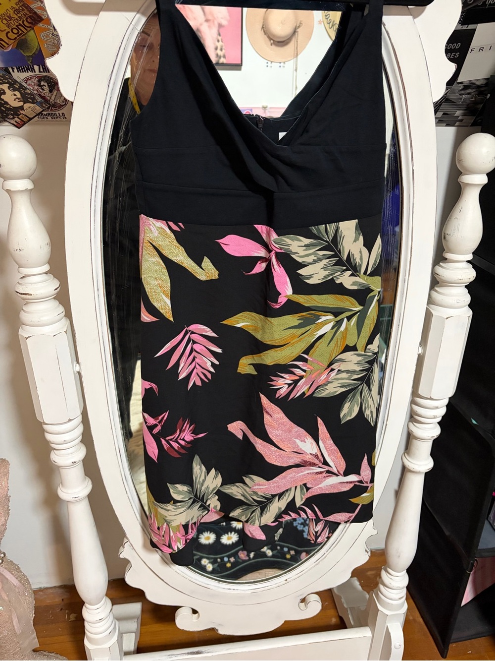 CAbi Black Floral One-Piece Swimdress with Pink and Olive Leaves